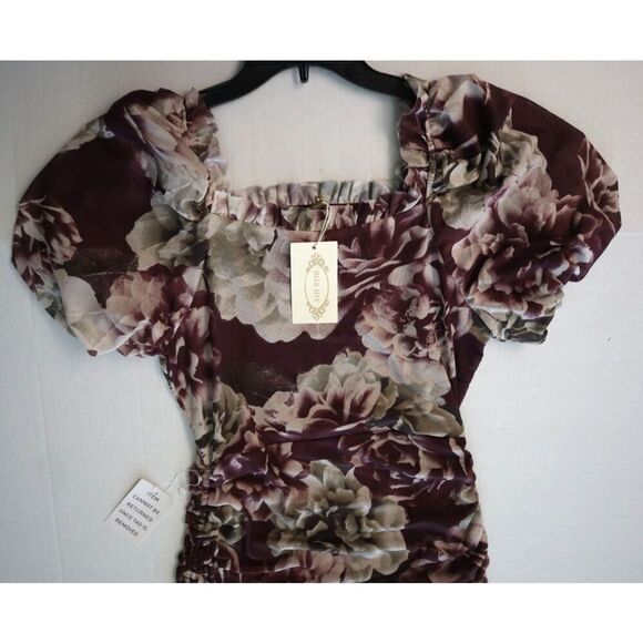 Mia Joy x Joyfolie Women's Sz Small Plum Purple Floral Alyssa Ruched Dress - Picture 10 of 13